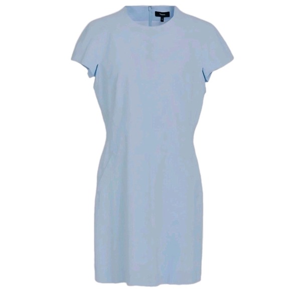 Theory Mini Dress Size 0 Light Blue Linen Blend Lined Zip Short Sleeves Pockets - Picture 1 of 10